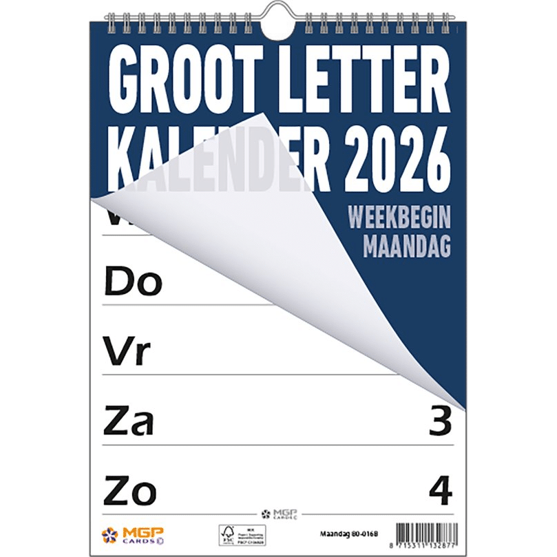 Kalender met extra grote cijfers en letters