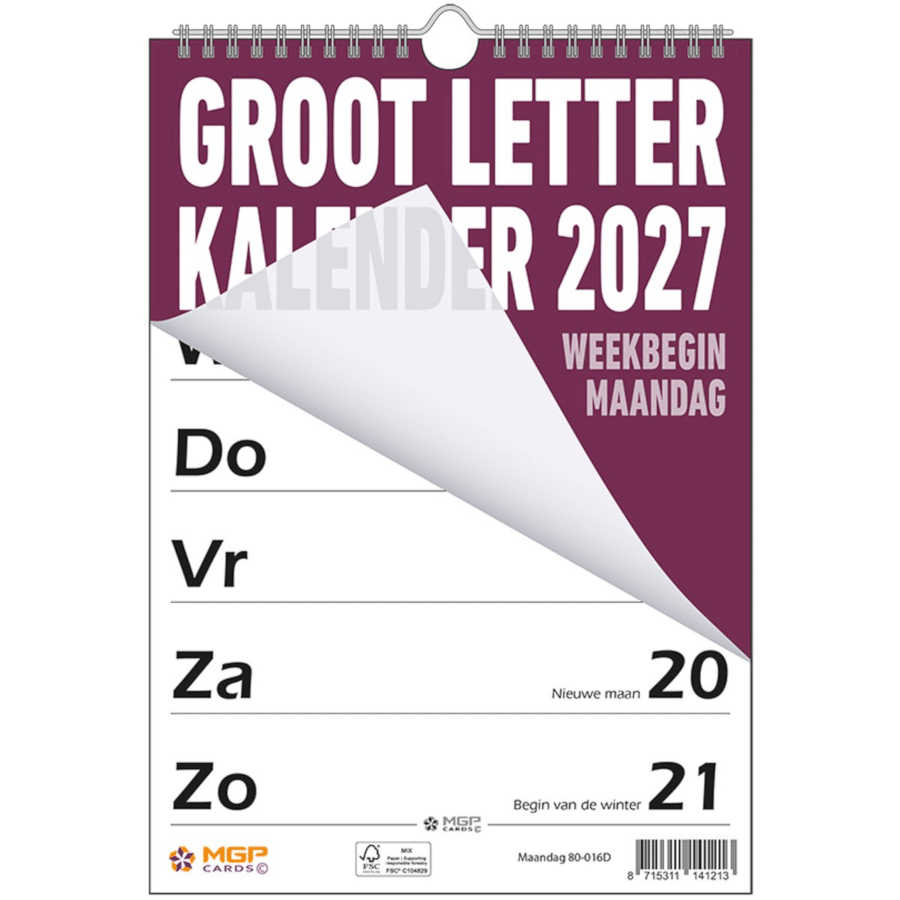 Kalender met extra grote cijfers en letters